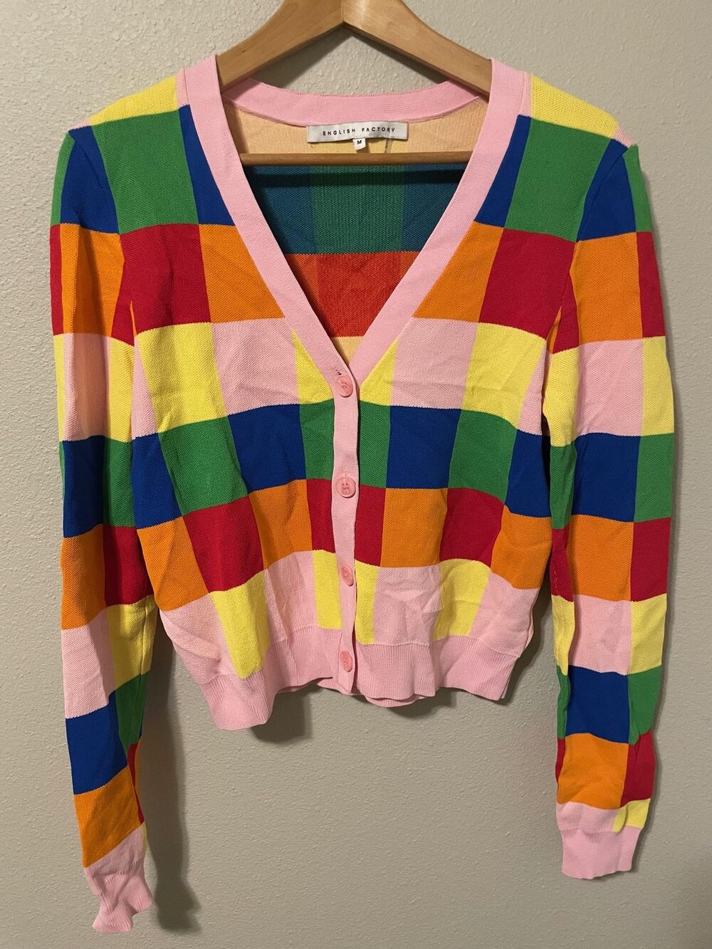 English Factory Cardigan Sweater Womens Medium Multicolor Checkered Button Up